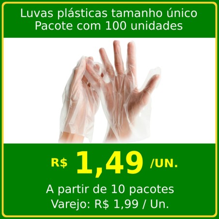 Luvas Plásticas Descartáveis tamanho único- Pacote com 100 un