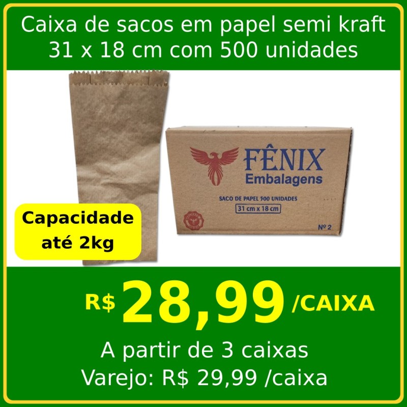 Caixa de sacos em papel semi kraft 31 x 18 cm 500 un