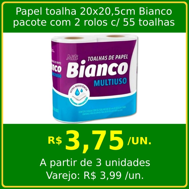 Papel toalha 20 x 20cm Bianco com 2 rolos