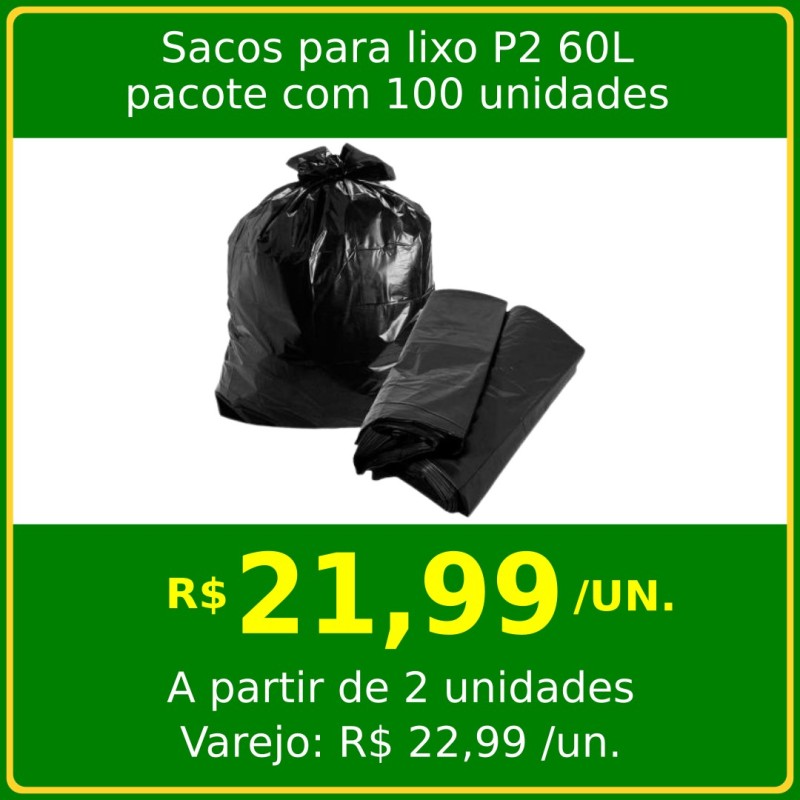 Saco para Lixo P2 60 litros - pacote com 100 unidades