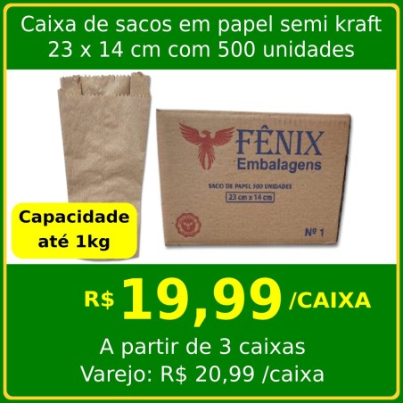 Caixa de sacos em papel semi kraft 23 x 14 cm 500 un