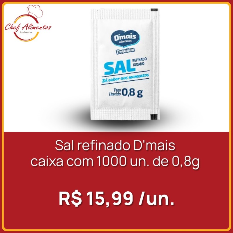 Sal refinado D'mais sachê 0,8g 1000 un.