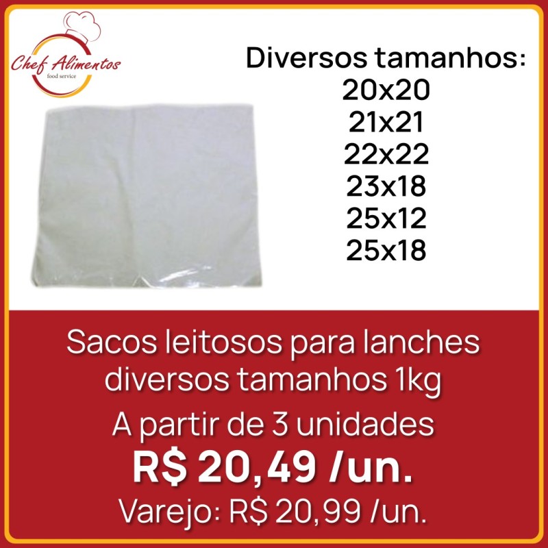 Sacos Leitosos para lanches - pacote com 1kg