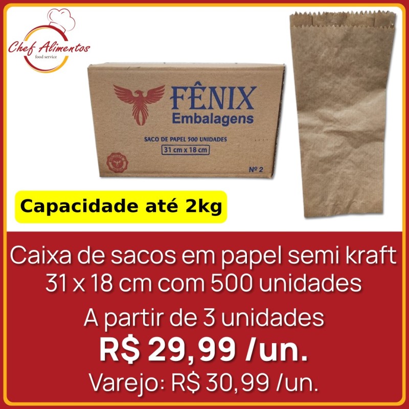 Caixa de sacos em papel semi kraft 31 x 18 cm Fênix Embalagens 500 un