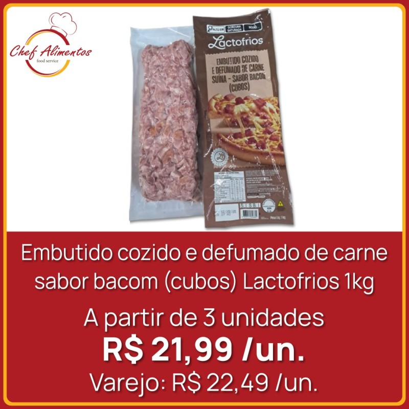 Embutido cozido e defumado de carne sabor bacon em cubos Lactofrios 1kg