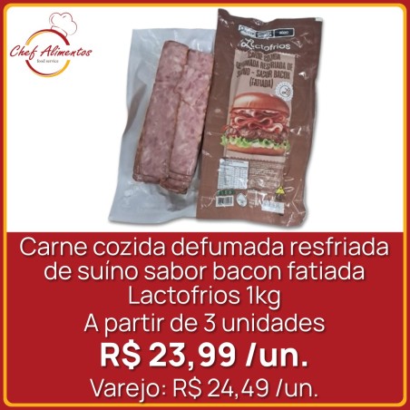 Carne cozida defumada resfriada de suíno sabor bacon fatiada Lactofrios 1kg