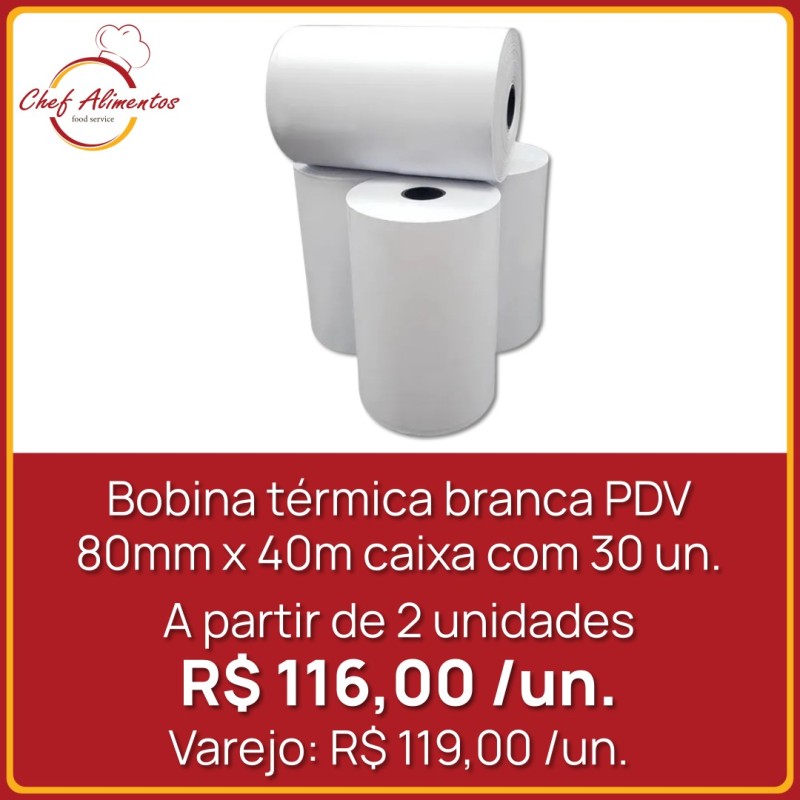 Bobina térmica branca PDV 80mm x 40m - 30un.