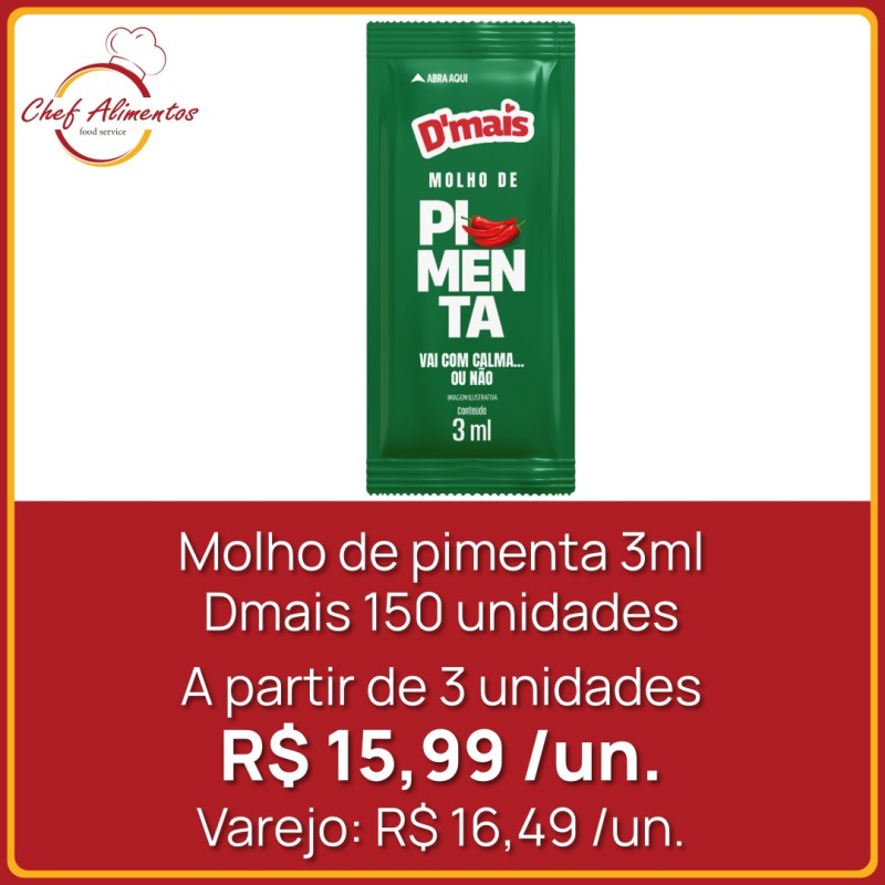 Sachê molho de pimenta 3ml Dmais 150 un.