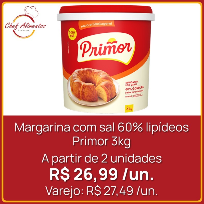 Margarina com sal 60% lipídeos Primor 3kg