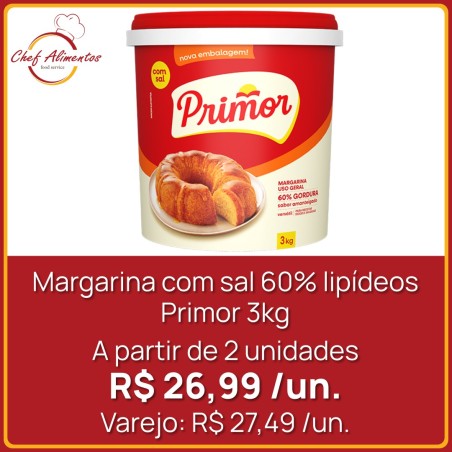 Margarina com sal 60% lipídeos Primor 3kg