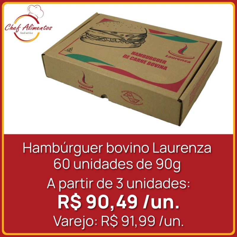 Hambúrguer bovino Laurenza 90g 60 unidades